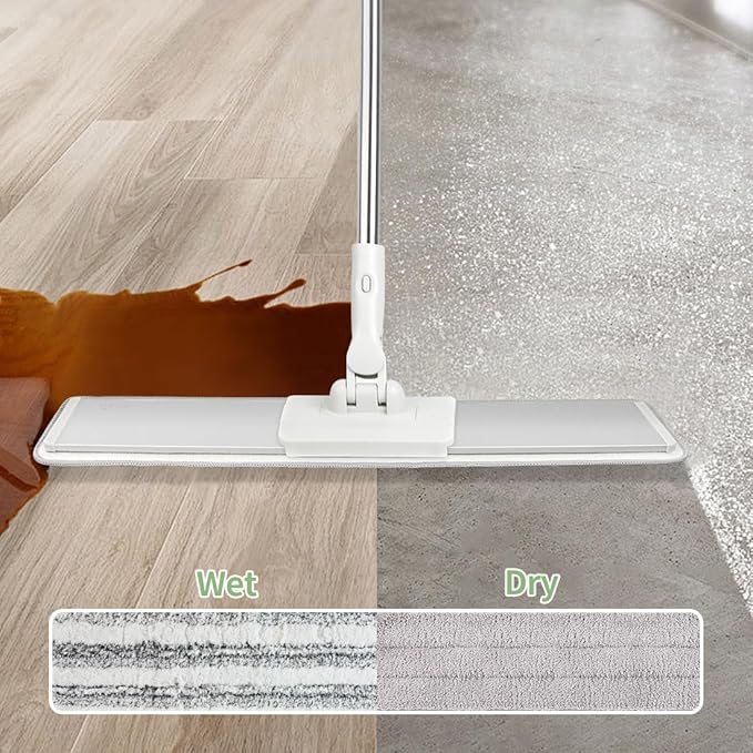 CQT Commercial Flat Microfiber Floor Mop Cleaning System 20" Wet Dry and Dust Hardwood with 4 Washable Pads Cleaner for Laminate Tile Stainless Steel Handle and Extension (PT15 New)