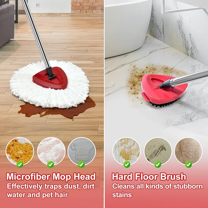 Spin Mop Handle Mop Heads Mop Base Mop Scruby Brush Replacement Sets Combo Compatible with Ocedar EasyWring 1 Tank Spin Mop System (1 Sets Stainless Steel Mop Handle +2 White Heads +1 Base +1 Brush)