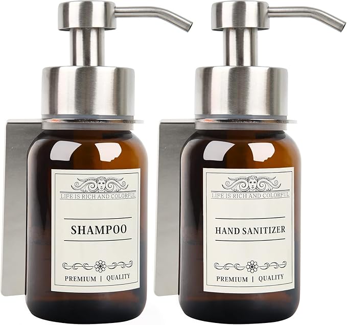 Glass Soap Dispenser with Pump and Wall Mount Holder,8.5 Oz Shampoo and Conditioner Dispenser,Dish Soap Dispenser with Waterproof Labels,2 Pack|Silver