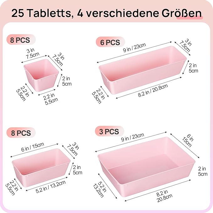 Vtopmart 25 PCS Plastic Drawer Organizers Set, 4-Size Versatile Bathroom and Vanity Drawer Organizer Trays, Storage Bins for Makeup, Bedroom, Kitchen Gadgets Utensils and Office