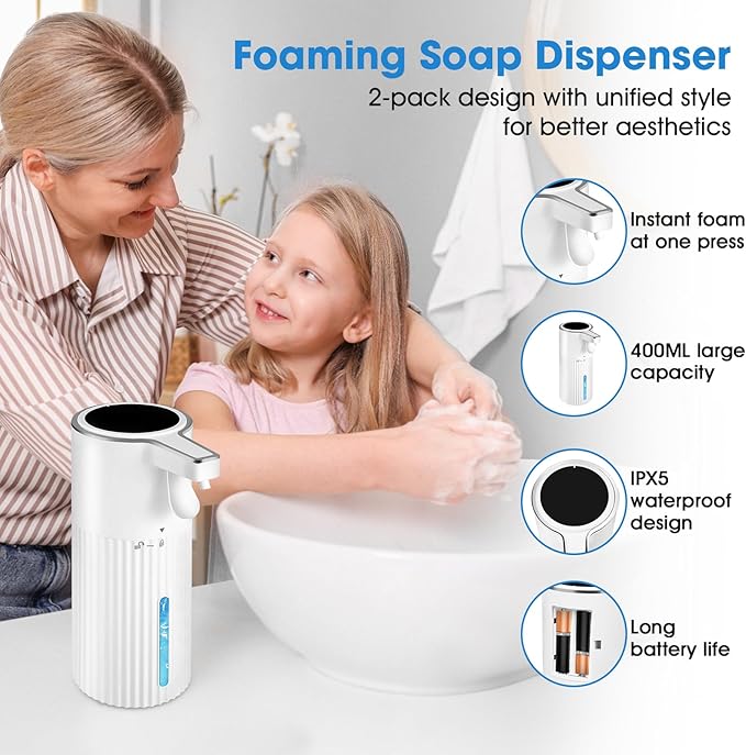 Automatic Soap Dispenser 2-Pack - 13.5 oz/400ml Leak-Proof Wall Mount Hand Soap Dispenser with Ribbed Design, White ABS for Bathroom & Kitchen Sink, Household or Commercial Use