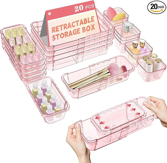 20 Pcs Clear Drawer Organizer, Adjustable Drawer Storage Box, Pink