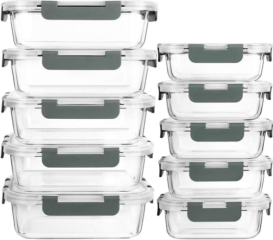10 Pack Glass Food Storage Containers with Lids, Gray