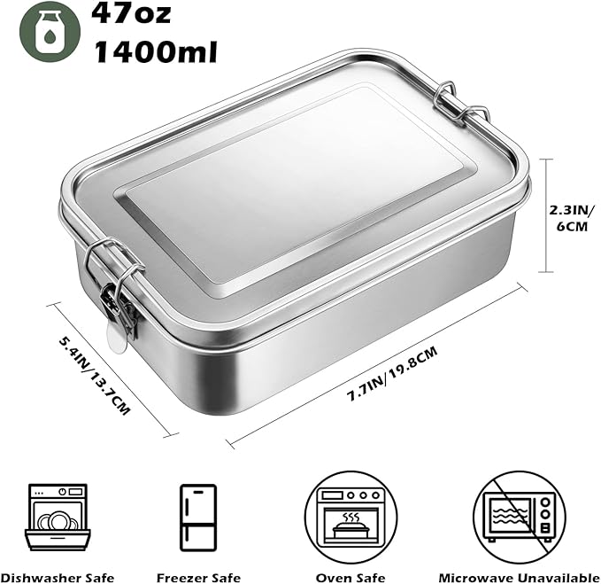 Leonyo 2 Pack 18/10 Stainless Steel Lunch Box for Adults 47oz, 1400ml Metal Bento Box with Removable Divider