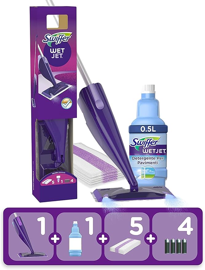 Swiffer WetJet Floor Spray Mop, Starter Kit, Includes: 1 WetJet, 5 Pads, 1 Cleaning Solution & 4 Batteries