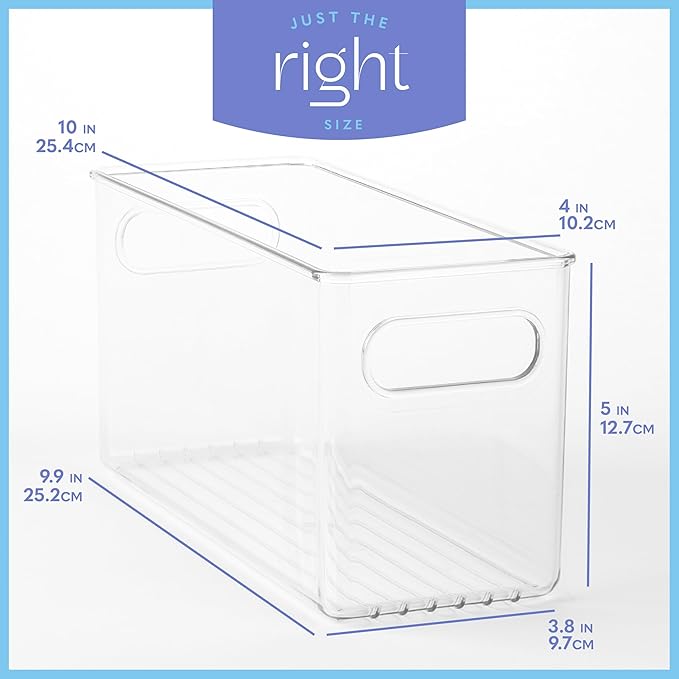 Plastic Food Storage 4 Pack Clear Container Bin with Handles for Organizing Kitchen, Pantry, Refrigerator, Freezer, Pantry, Cabinet, Closet