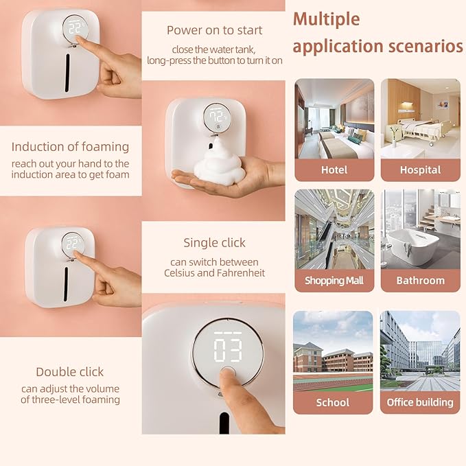 Automatic Soap Dispenser Touchless,Soap Dispenser for Kitchen Sink,Foaming Soap Dispensers-Rechargeable, Adjustable Foam Volume with Digital Display & Temperature Monitoring (White)