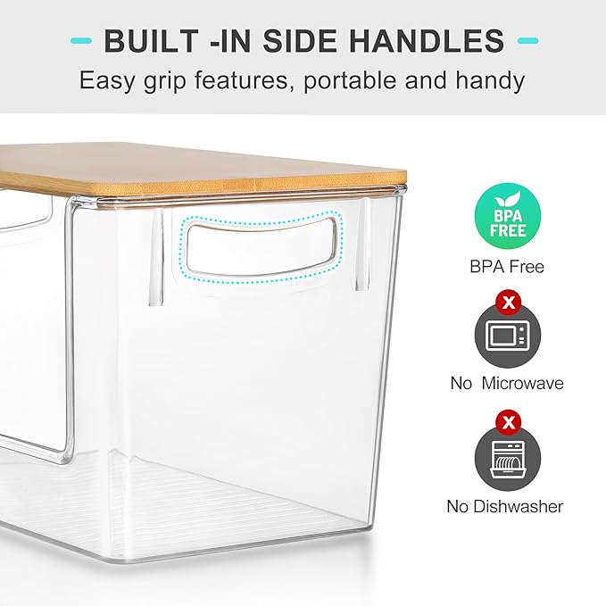 Pantry Organizers Storage, 2 Pack Large Capacity Clear Storage Bins with Bamboo Lids for Onion, Potato, Garlic, Canned Food