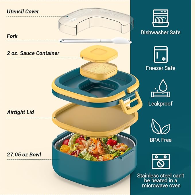 PEDECO Single-Layer Bento Lunch Box for Kids & Adults with Removable Stainless Steel Lunch Container,Dressing Container,BPA-Free,Dishwasher Safe