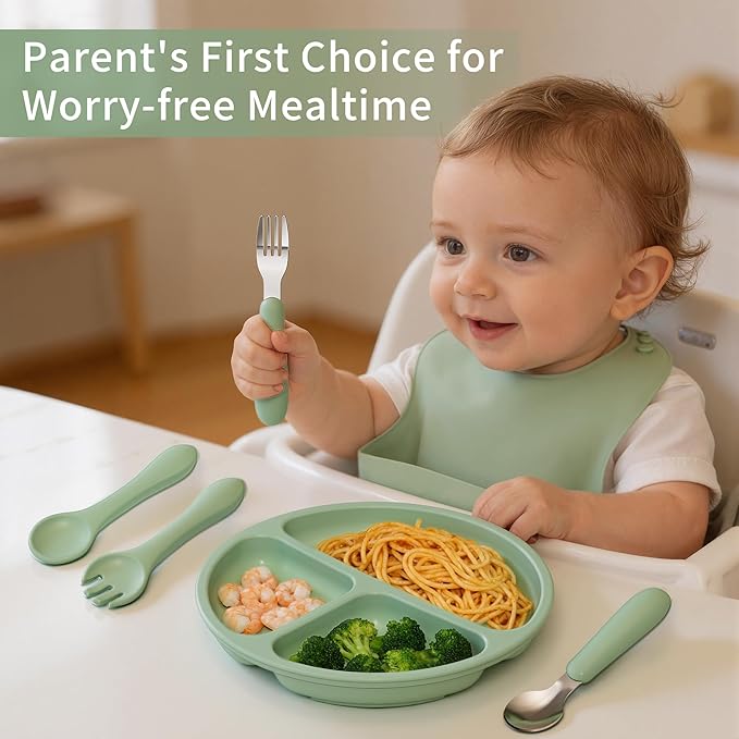 13 Pack Silicone Baby Feeding Set, BPA-Free Baby LED Weaning Supplies, Include Suction Plates, Bowls, Silicone and Stainless Steels Fork & Spoon, First Stage Infant Food Eating Utensils - 6+ Months