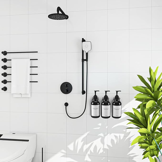 Shampoo and Conditioner Dispenser for Shower Wall 3 Chamber,Refillable Shampoo and Conditioner Bottles with Waterproof Labels,Soap Dispenser with Pumps