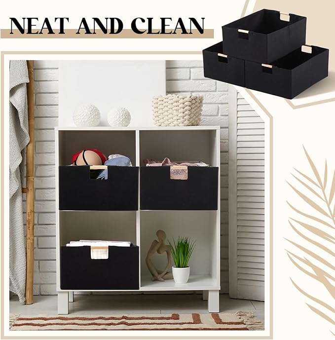 3 Pack Fabric Storage Bins for Closet Shelves, Black,16.5 x 12.2 x 6.7 Inch