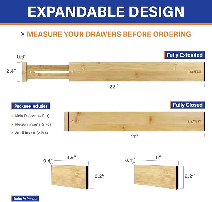 Adjustable Bamboo Drawer Dividers for Clothes, Kitchen Utensils, Office Desks
