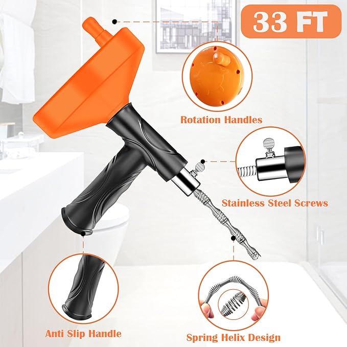 Drain Snake Auger, 33 Feet Plumbing Snake Drain Hair Clog Removal Tool, Sink Unclogger Drain, Heavy Duty Toilet Snake Auger, Cleaner Tool for Bathroom Kitchen Tub Shower Drain Clog Remover with Gloves