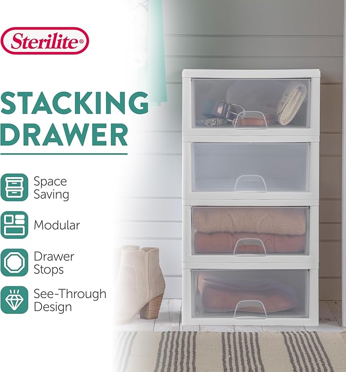 6-Pack 16 Quart Stacking Drawer, Clear Storage Closet Organizer, White Frame