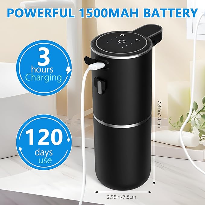 Automatic Soap Dispenser Touchless, USB Rechargeable Automatic Foaming Soap Dispenser, 12.8oz/380mL, 4 Level Adjustable, 1500mAh Smart Wall Mounted for Bathroom Kitchen Dish/Hand Soap