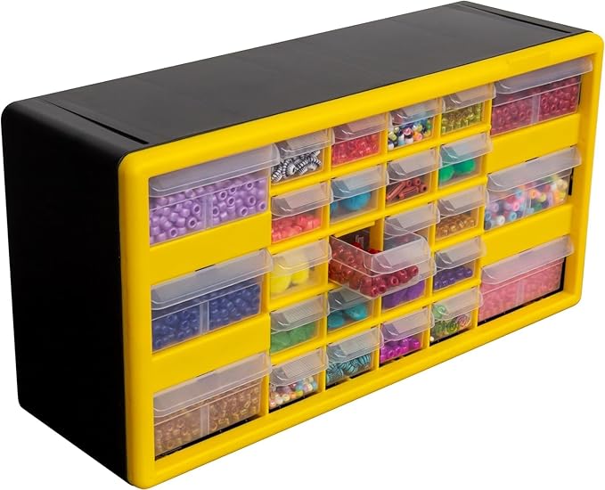 Akro-Mils 26-Drawer Plastic Drawer Storage Cabinet for Garage Organization, Bead Organizer, Building Bricks Storage, Teacher Toolbox, Makeup Organizer, 20-Inch W x 6-Inch D x 10-Inch H, 10126 Yellow