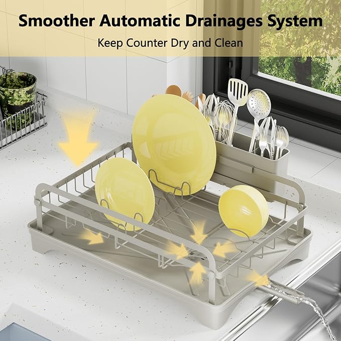 LIYI Dish Rack - Dish Racks for Kitchen Counter, Kitchen Dish Drying Rack Kitchen with Removable Utensil Holder and Drainboard, 16.5" D x 11.6" W x 6.6" H, Grey