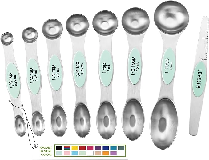 Spring Chef Stainless Steel Magnetic Measuring Spoons Set of 8 with Leveler, Nesting Metal Teaspoon & Tablespoon Measuring Spoons, Kitchen Gadgets for Baking & Cooking, Fits in Spice Jars - Mint