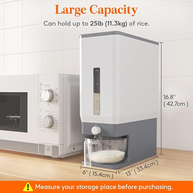 Lifewit Rice Dispenser 25 Lbs(11.3kg), Rice Storage Container Sealed Moisture Proof with Measuring Cup for Kitchen Pantry Household, BPA-Free