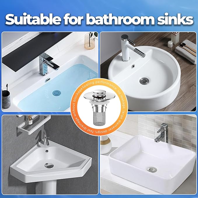 Sink Stopper Hair Catcher, Pop-up Sink Drain Strainer with Removable Stainless Steel Strainer Basket Hair Catcher