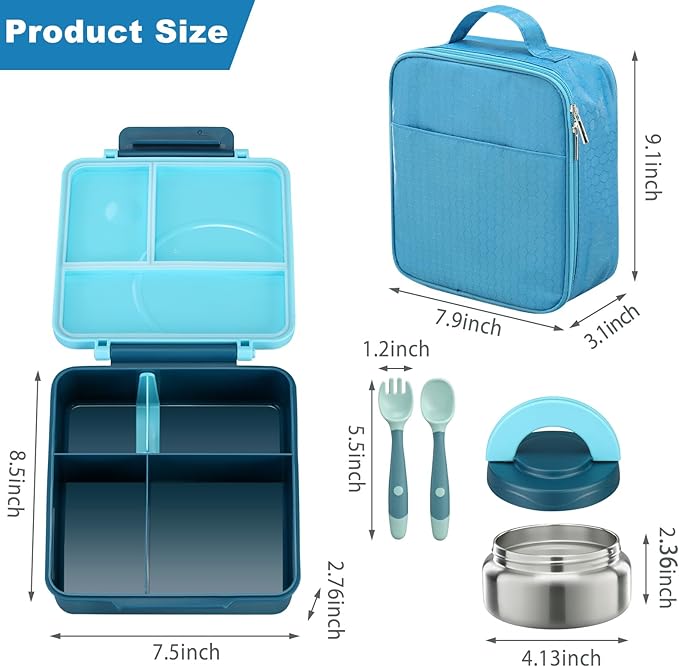 Bento Lunch Box Set for Kids with 8oz Soup Thermo, Leak-Proof Lunch Containers with 4 Compartment