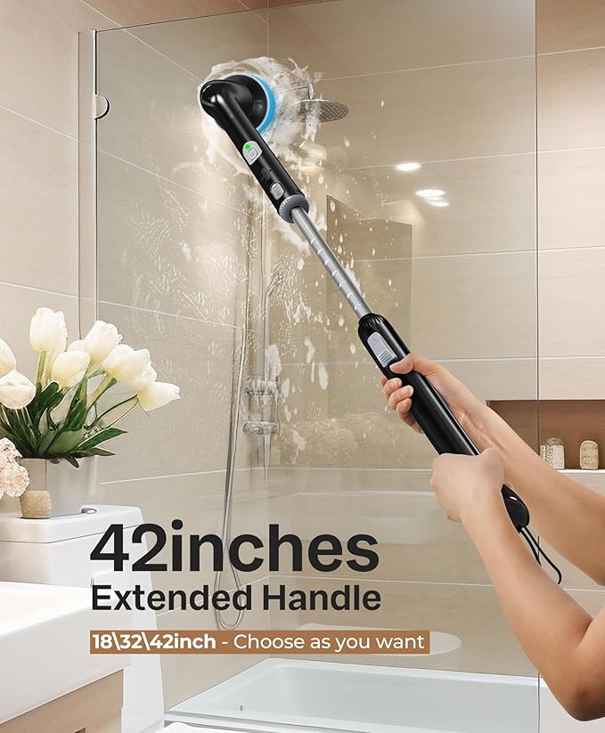 LyriFine Electric Spin Scrubber, New Full-Body IPX7 Waterproof Bathroom Cleaner Brush, Shower Scrubber with Long Handle & 2 Speed, Heads Replacement, Cleaning Supplies for Tub Shower Tile Floor