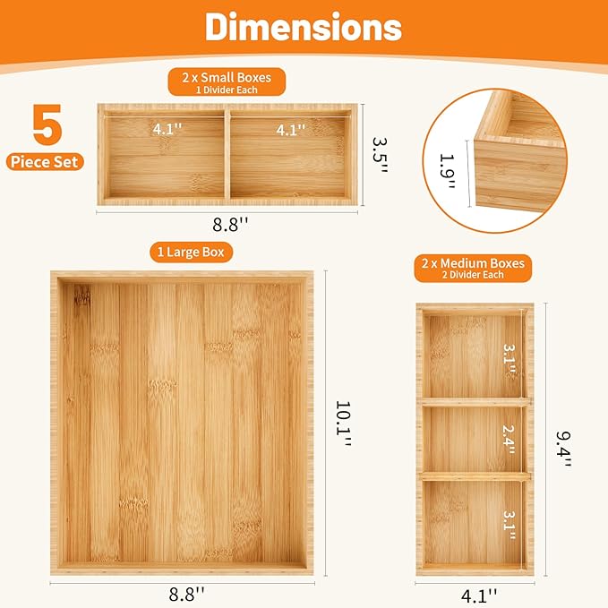 SpaceWhisper Bamboo Drawer Organizer, 5-Piece Drawer Divider with Removable Dividers for Organization and Storage, Multi-Use Stackable Storage Box & Utensil Holder for Kitchen, Office, Makeup & More