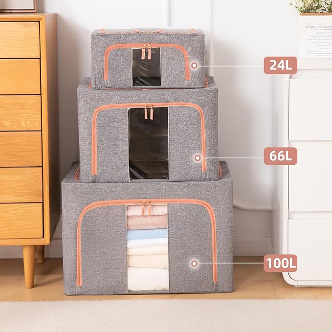 GuliPostan 3 Pack 66L Stackable Clothes Storage Bins with Metal Frame Handles & Zipper, Collapsible Closet Organizer Box with Lid for Bedding Blankets Towel (Grey)