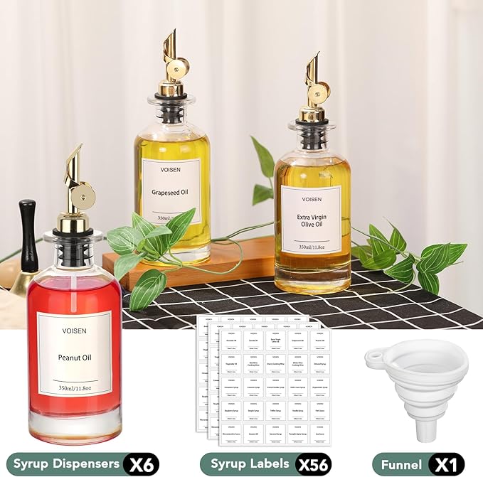 VOISEN Olive Oil Dispenser Bottle for Kitchen, Glass Oil Bottle Set of 6, Coffee Syrup Dispenser,Glass Oil Container with Metal Pourer,Funnel,56 Waterproof Labels