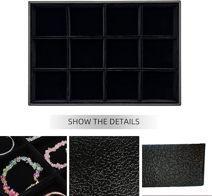 Wudygirl 12 Grid Jewelry Tray Display Stackable Storage Earring Brooch Velvet, Black (12 Grid Jewelry Tray)
