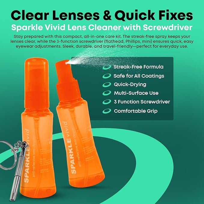 Sparkle Vivid Anti-Reflective Safe Lens Cleaner & Repair Kit – (2) 2oz Glasses Cleaner Spray, (2) Microfiber Cloth & Keychain Screwdriver for Eyeglasses, Sunglasses, Lenses & Screens (5 Piece Set)
