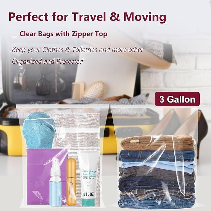 Large Plastic Bags With Zipper Top, 3 Gallon, 16" x 18", 10 Pack