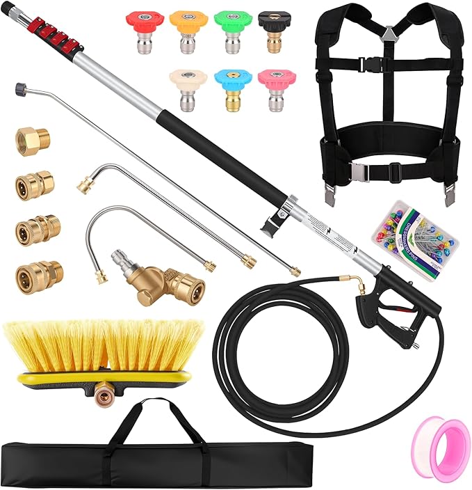 FIDISP Telescoping Pressure Washer Wand 24 FT, Gutter Cleaning Tool with Brush, Power Washer Extension Wand, Pivoting Coupling, 7 Nozzle Tips