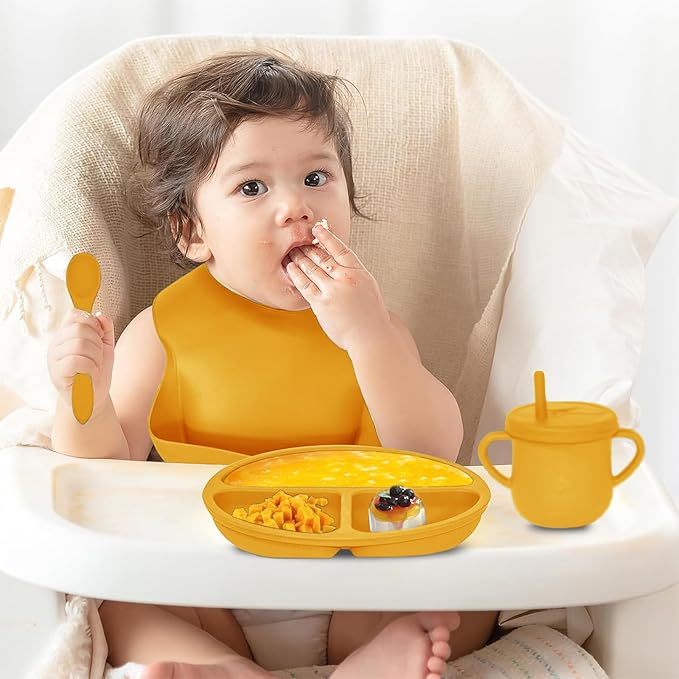 100% Silicone baby feeding set,BPA free Baby dishes set with Suction Bowl Divided Plate,Toddler Self Feeding Dish Set with Spoons Forks Sippy Cup And Bib, Baby Eating Utensils (Pumpkin)