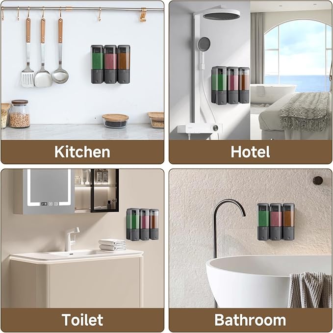 Shampoo and Conditioner Dispenser Wall Mounted, Shower Soap Dispenser No Drill Upadate Easy Slot Install, Shampoo Dispenser for Shower Bathroom Large Capacity 500ml * 3 Chamber Holder Gungray
