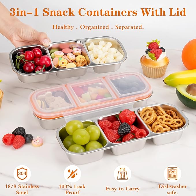 VZZNN 10 Pack Stainless Steel Snack Containers with Lids - 3 Compartments Reusable Metal Bento Boxes Divided Food Storage Containers For School,Office Home And Travel Stackable Lunch Boxes