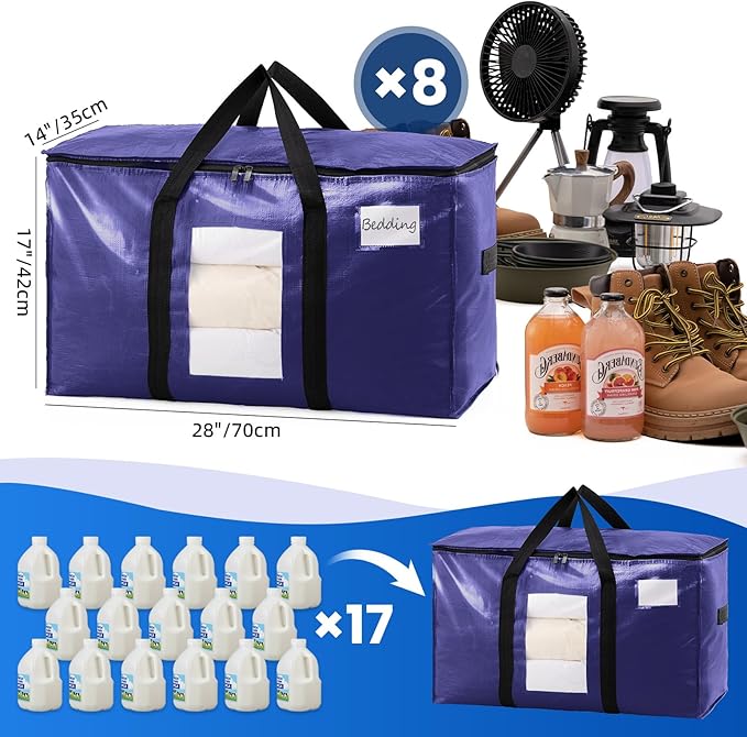 8 Pack Dark Blue Extra Large Moving Bags, Heavy Duty Totes with Visible Window