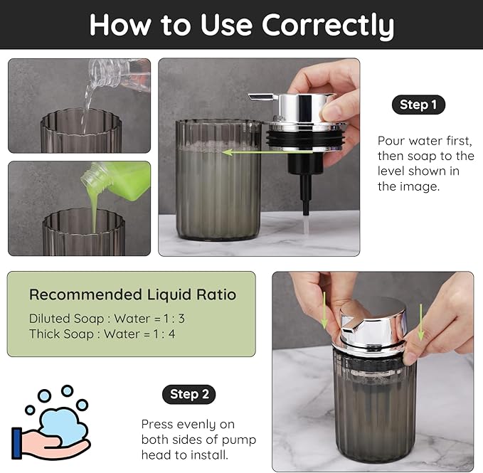 Segbeauty Foam Soap Dispenser, 10.1oz Refillable Plastic Liquid Soap Dispenser Gray, 300ml Empty Press Foaming Pump Bottle Lotion Dispenser Bathroom Foaming Hand Soap Dispenser for Modern Home Decor