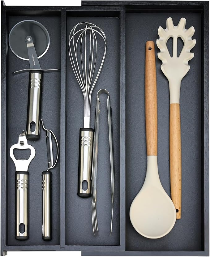Bamboo Kitchen Tool Drawer Organizer Storage Black Cutlery Tray Expandable Silverware Drawer Divider Organizers Large Cooking Utensil Holder for Drawers Spoon Flatware Organizer Silverware Trays