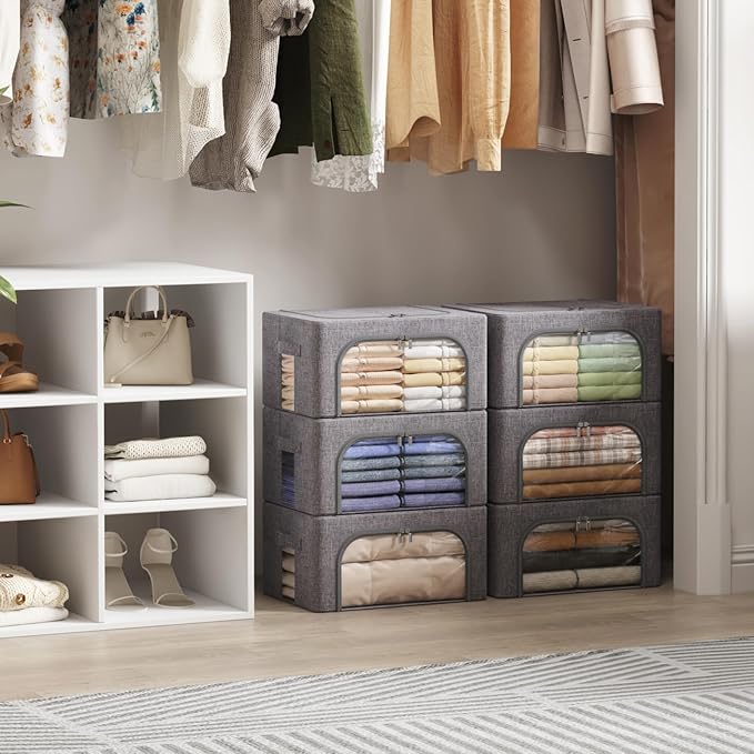 Lifewit Clothes Storage Bins with Metal Frame, Stackable Storage Box, Foldable Clothing Storage Bins with Lids