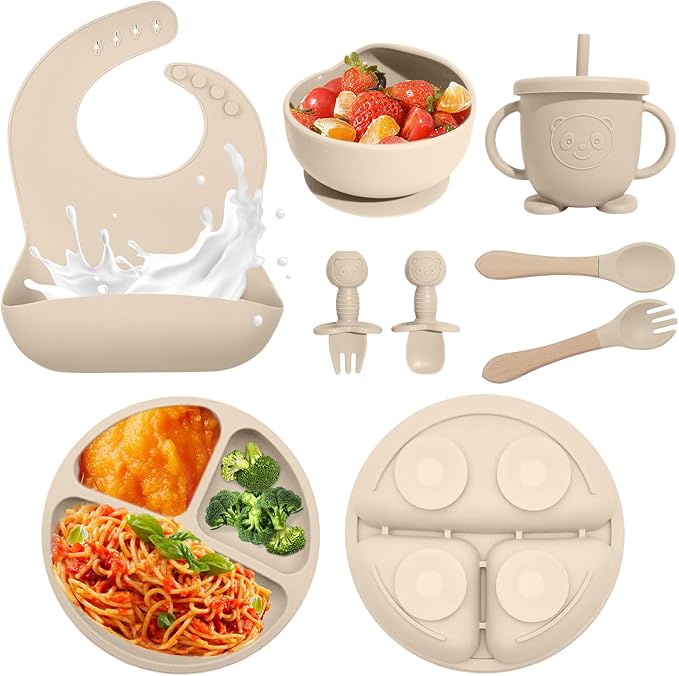 Baby Led Weaning Supplies, 8 Piece BPA-Free Silicone Feeding Set, Silicone Suction Bowl, Forks & Spoons, Bib & Cup, Develops Self Feeding Skills