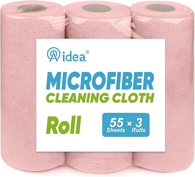 AIDEA Microfiber Cleaning Cloth 165 Sheets 3 Roll, Pink, Microfiber Towels for Cars, Shop Towels, Shop Rags Washable,Cleaning Rags Reusable Paper Towels for Automotive, Workshops, House,11×9"