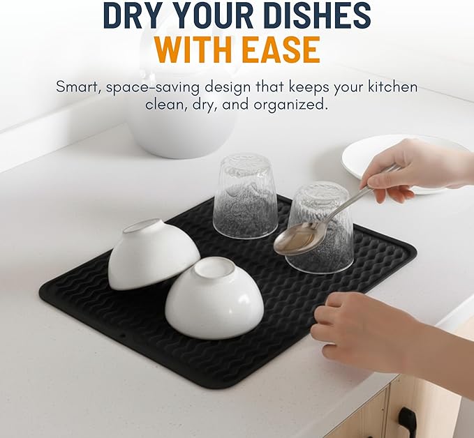 Silicone Dish Drying Mat for Kitchen Counter - Multi-Use 18 x 16 Inch Pad, Non-Slip & Heat-Resistant, Perfect Dish Drainer Mat by Linda’s Essentials, Ideal Kitchen Accessory (Black)
