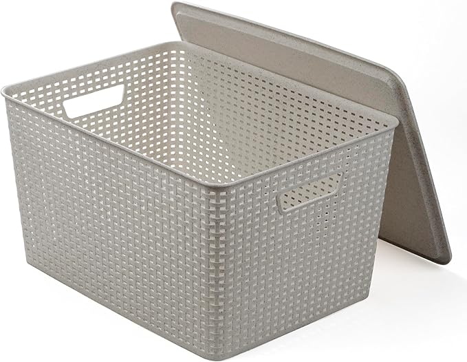 Plastic Storage Baskets with Lids, 33 Liter, 3 Pack, Natural Grey