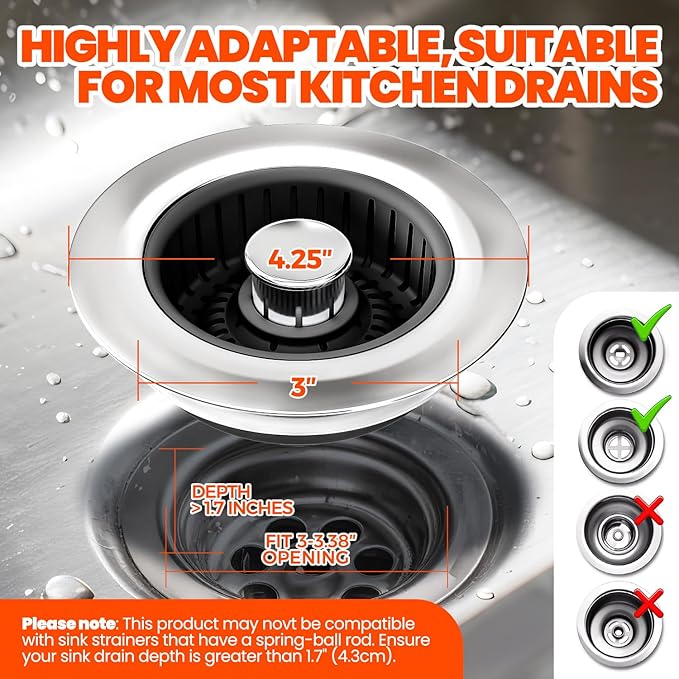 3 in 1 Kitchen Sink Drain Strainer & Sink Stopper Upgraded Stainless Steel Drain Plug with Anti-Clog Basket Drain Stopper Combo