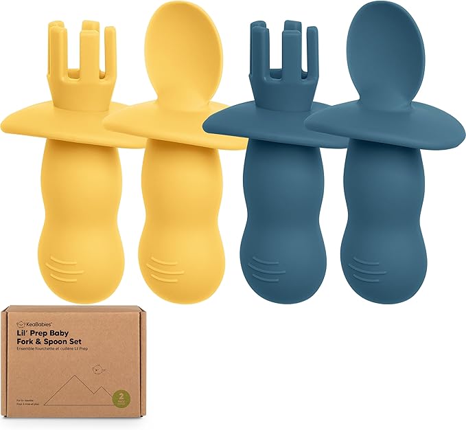 KeaBabies 4-Pack Silicone Baby Spoons and Forks Set - Baby Led Weaning Utensils 6-12 Months, Self Feeding Toddler Spoon & Fork for Training, Teething, Easy to Hold, BPA-Free Silicone (Valiant)