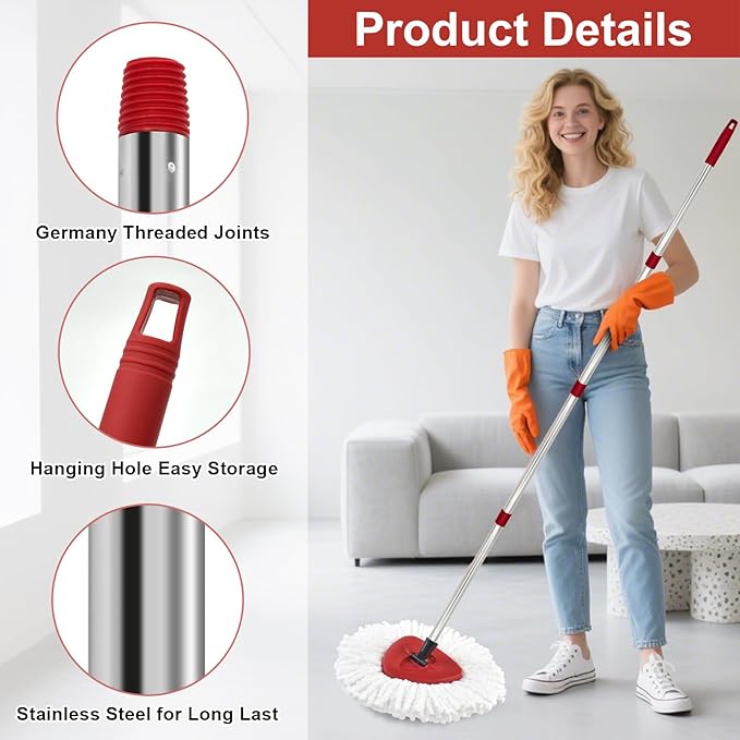 4 Section Stainless Spin Mop Replacement Handle for O Cedar Spin Mop Handle for Ocedar Spin Mop Handles Adjustable 30" to 58" Mop Stick Pole to Various Floor Clean, Universal Screw Joint (No Mop Head)