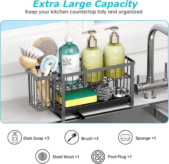 Liuoud Sponge Holder for Kitchen Sink, 2 Tier Sink Caddy Organizer Countertop with Dish Brush Holder and 360° Drain Tray, Rustproof Stainless Steel Dish Soap Storage Rack Set for Accessories Grey