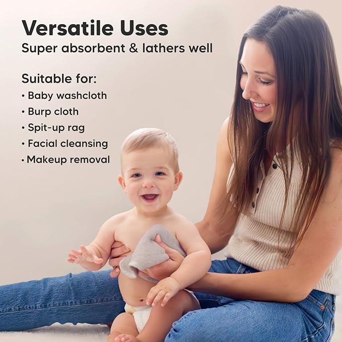 6-Pack Baby Washcloths – Soft Absorbent Viscose from Bamboo Washcloths for Face, Body, Baby Towels for Newborn, Kids, Toddlers, Infant,Gentle on Sensitive Skin,10x10 Reusable Face Towels(White/Stone)